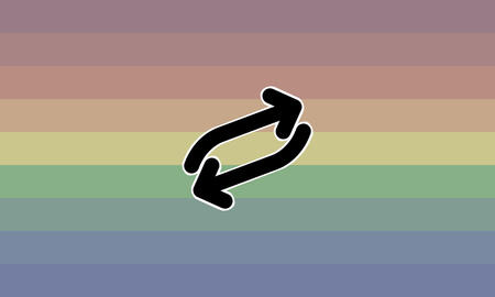 [ID: a rectangular flag with 9 stripes, coloured as such from top to bottom: dull pink, dull pink-orange, dull orange, dull yellow-orange, dull yellow, dull green, dull blue-green, dull blue, dull purple. in the centre is two black opposing arrows with whi